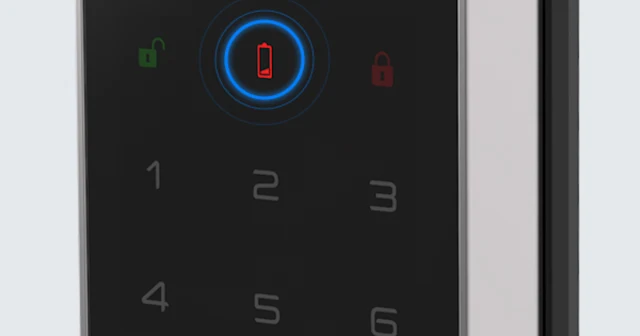 Smart lock showing a low battery warning on the keypad